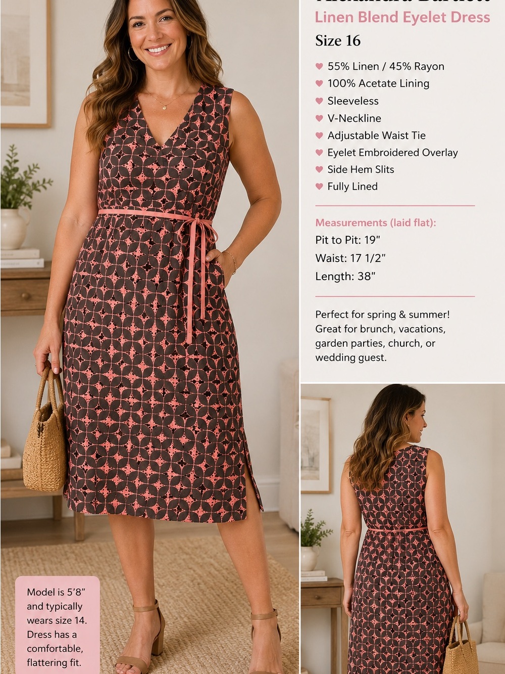 Alexandra Bartlett Brown‎ and Coral Eyelet-Print Midi Dress